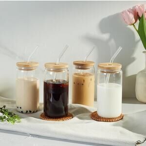 16oz Drinking Glassware with Bamboo Lid and Reuasable Straw(Set of 4) (Clear)